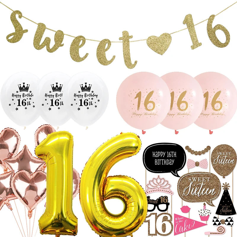 

Birthday Party Sweet 16 Banner Happy Birthday Balloon 16th Birthday Party Photo Props Decoration Supplies WQ03