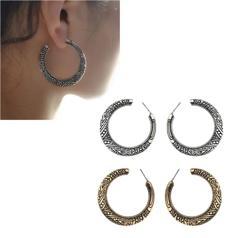 Vintage Tibetan Silver Gold Hoop Earrings Women Retro Indian Bollywood Jewelry | Украшения и аксессуары