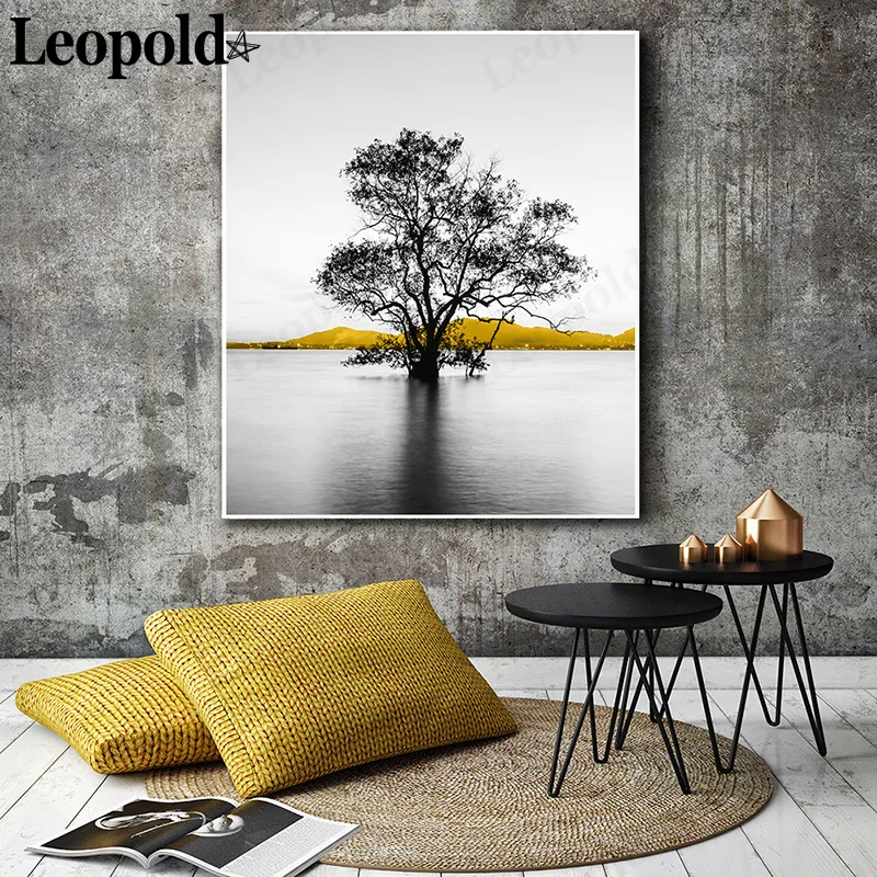 

Nordic Golden Landscape Canvas Poster Boat Dead Tree Stone Painting Wall Art Modern Room Home Decoration Accessories