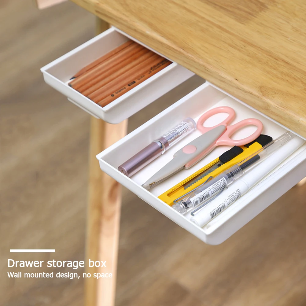 

Self-Adhesive Under Desk Pencil Tray DIY Table Drawer Storage Box Organizer Desktop Makeup Pen Stationery Storage Box Case