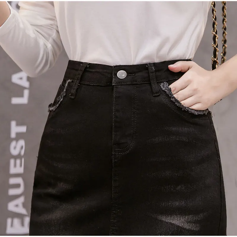 Юбка женская джинсовая асимметричная с бахромой на подоле элегантная длинная