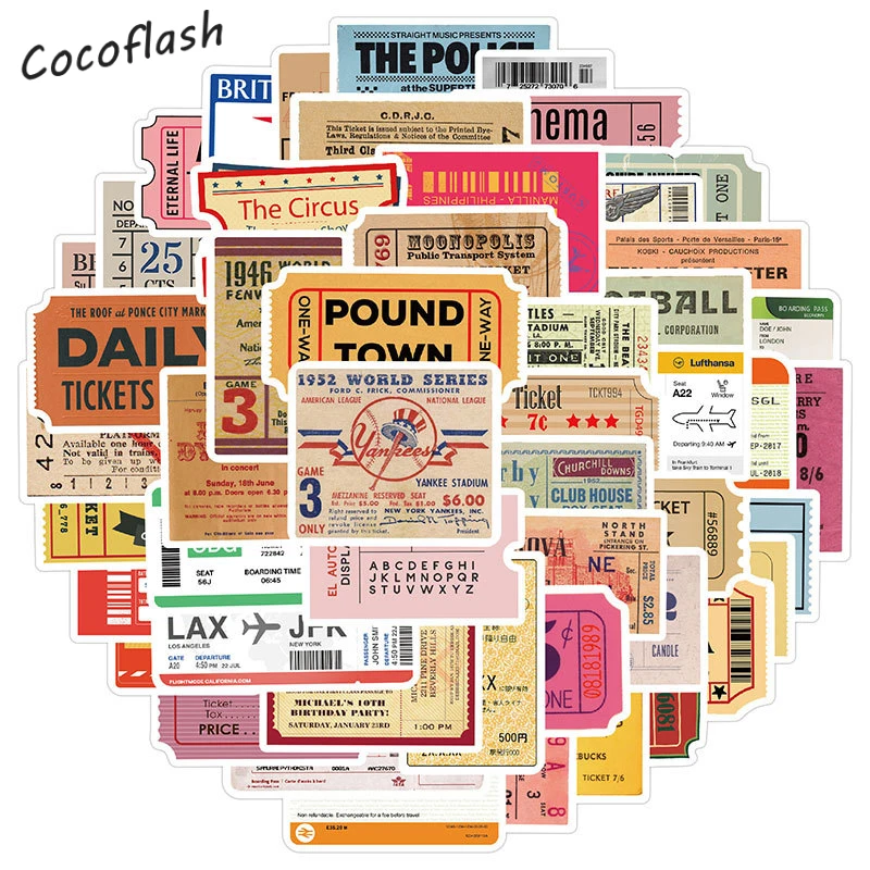 10/50PCS/set Cartoon Retro Stamp Boarding Pass Air Tickets Stickers For Laptop Bicycle Toy Luggage Kid Fridge Decal Helmet