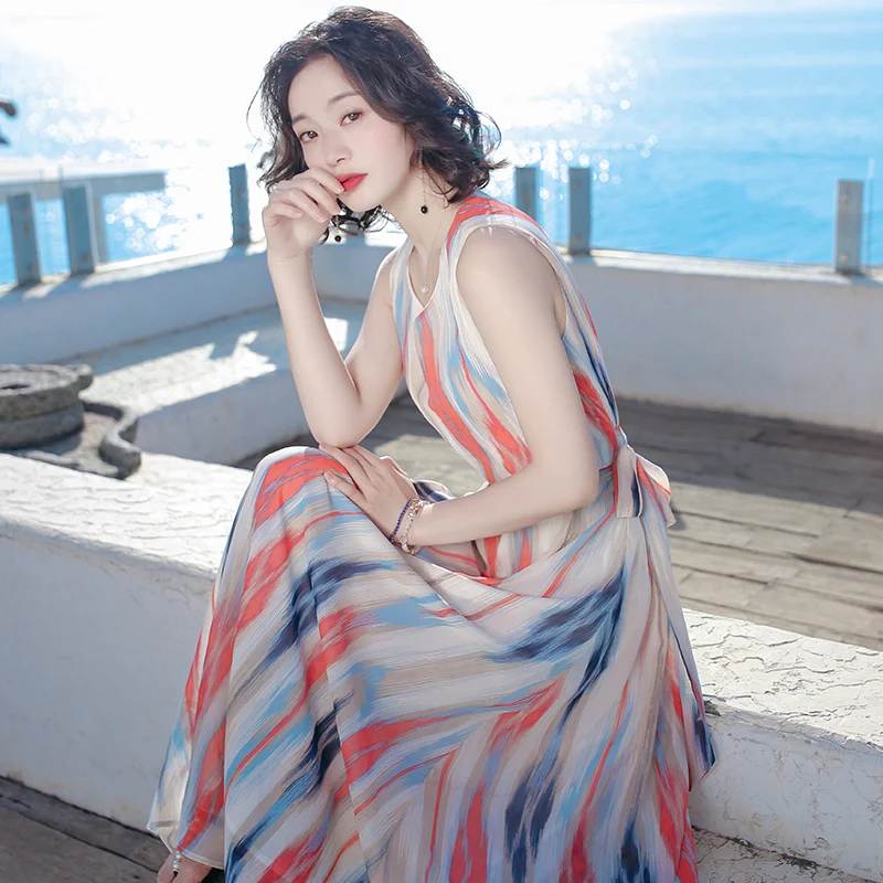

2021 Summer New Sleeveless Chiffon Long Dresses for Women Boho Maxi Ladies Dress Beach Off The Shoulder O-Neck Long Dress Female