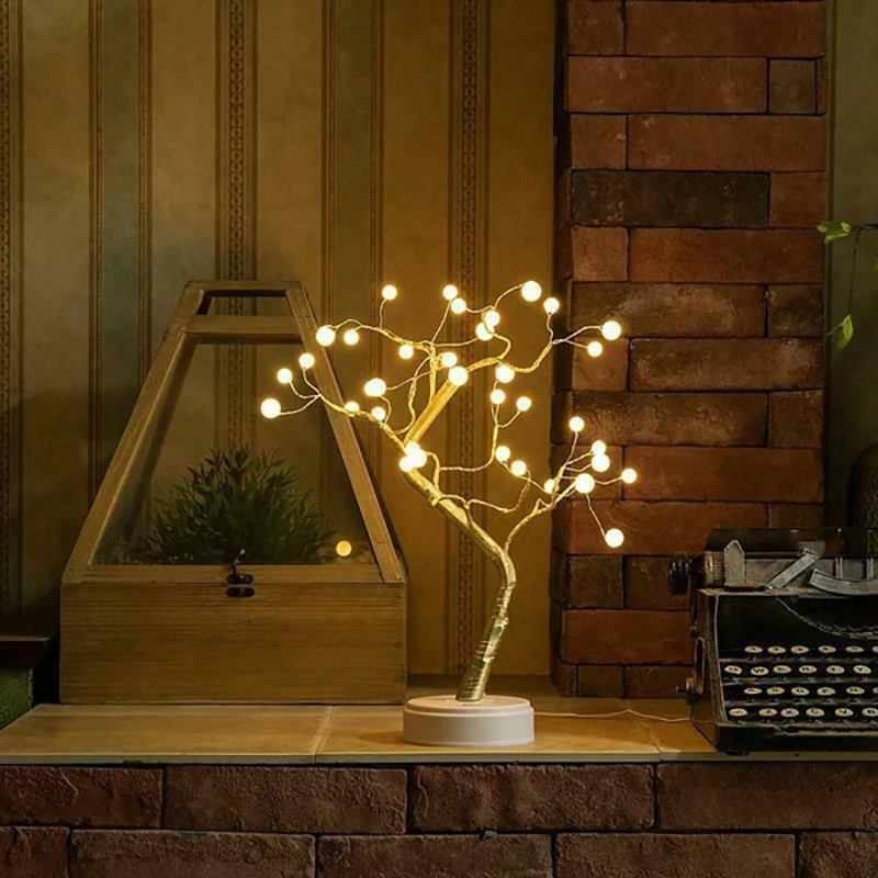 

Usb&Battery Pearl Decor 36 Led Warm Light Shimmer Tree Desk Lamp Touch Switch Copper Wire Light for Bedroom Party Decor