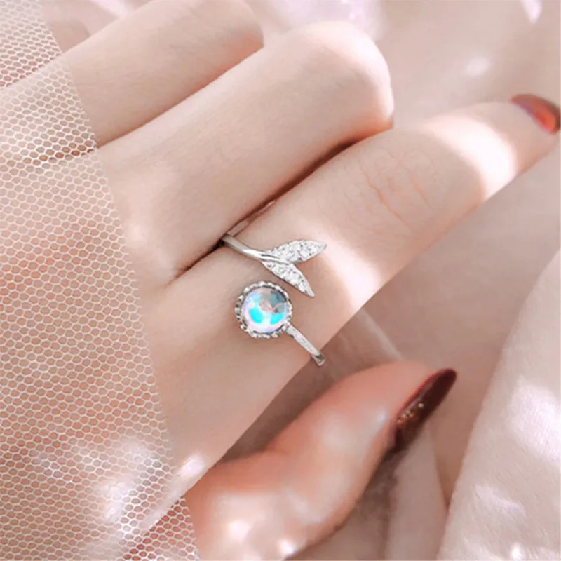 

925 Sterling Silver Moonstone Mermaid Tail Rings For Women Girls Statement Jewelry Adjustable Size Finger Ring jz459