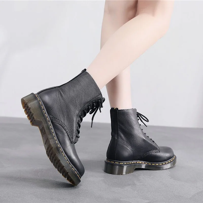 

Martin boots women Genuine leather lychee pattern couple short boots British soft Cowhide motorcycle boots fashion women shoes