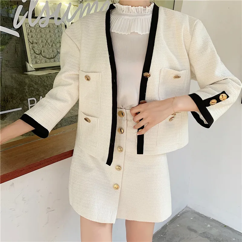 Роскошный твидовый комплект Женская Осенняя элегантная Золотая кнопка твидовая