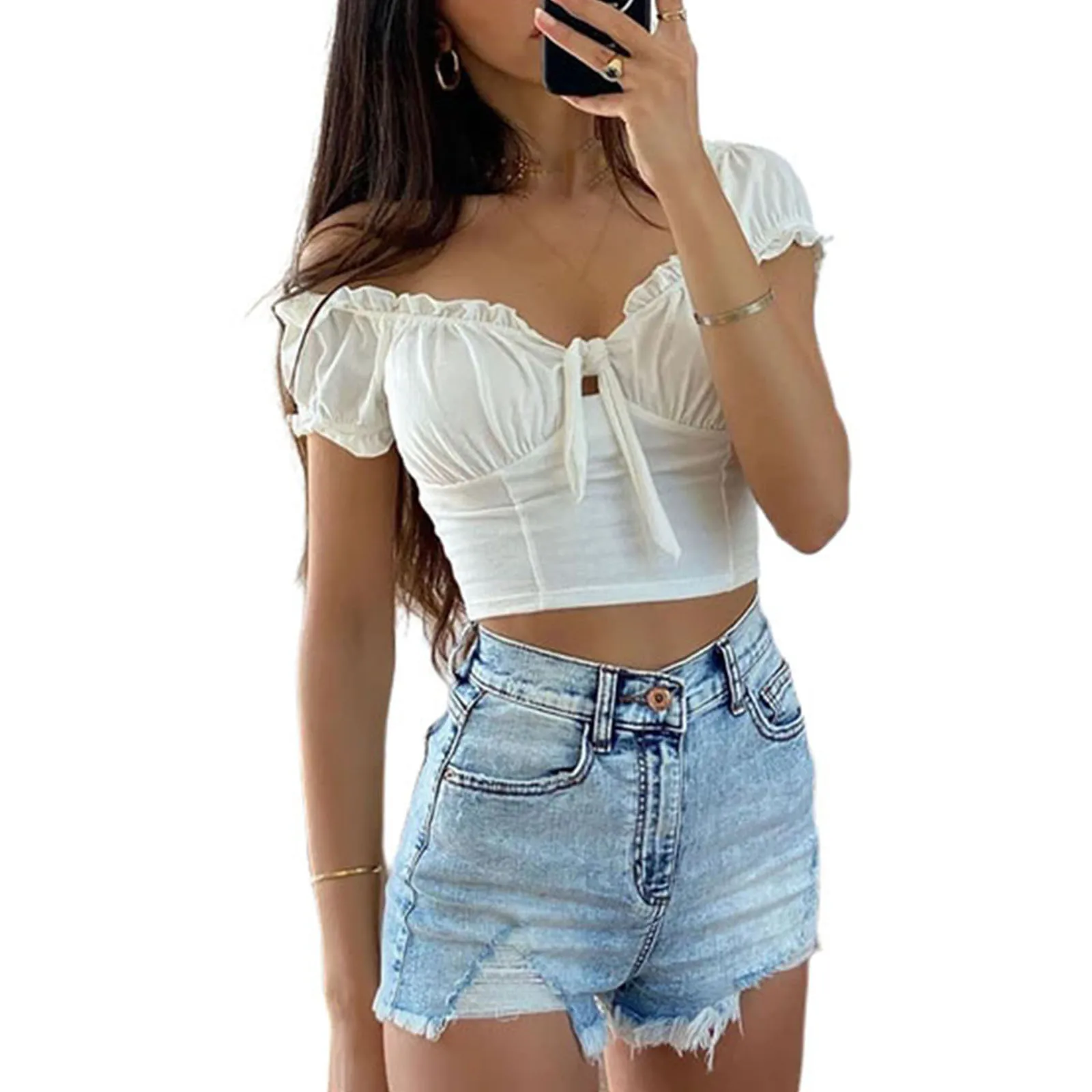

Sexy Women Off Shoulder Summer Polyester Crop Tops Short Puff Sleeve Solid Color Tie Knot Front Frill Trim T-Shirts