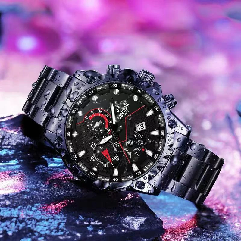 

2021 New Casual Sport Chronograph Men's Watches Stainless Steel Band Wristwatch Big Dial Quartz Clock with Luminous Pointers