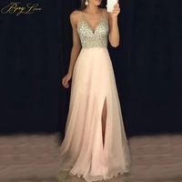 blush pink elegant 2020 evening dress diamond crystal beaded sexy v neckline high slit chiffon prom dress long re soiree robe