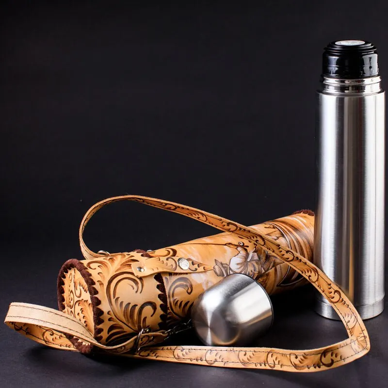 Термос 1000 мл из нержавеющей стали чехол натуральной кожи АРТ-МАСТЕР | Дом и сад