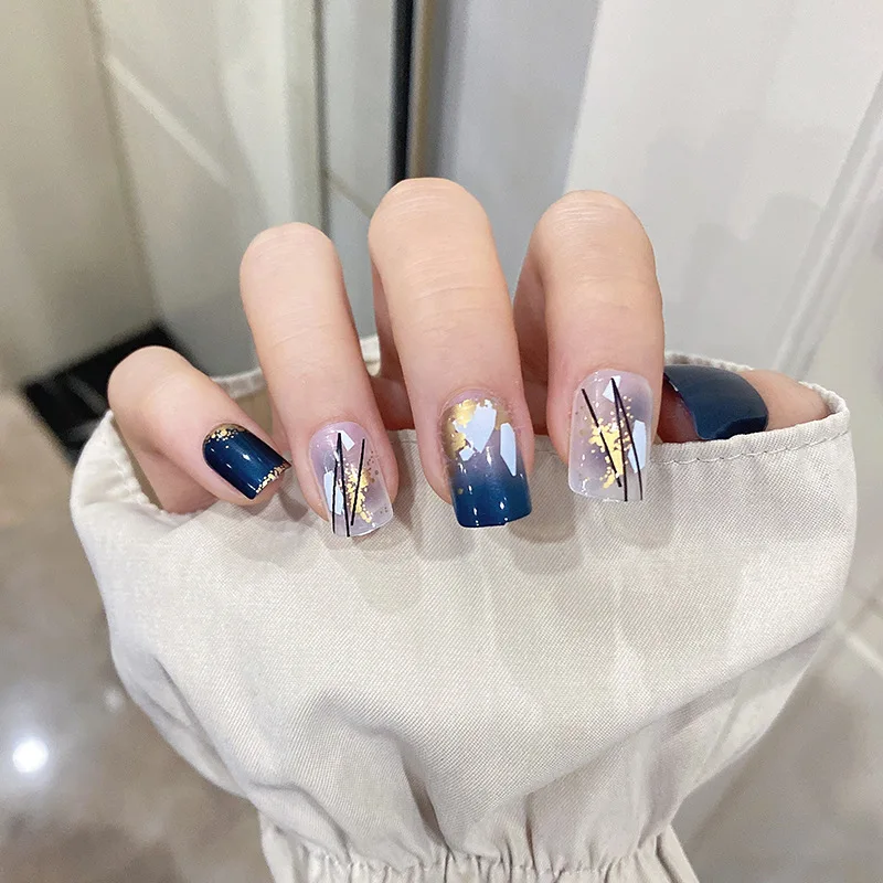 

24pcs fake short nails with glue Blue Gold Foil Wear Short Paragraph Fashion Manicure Patch False Nails Wearable Nail Patch TY