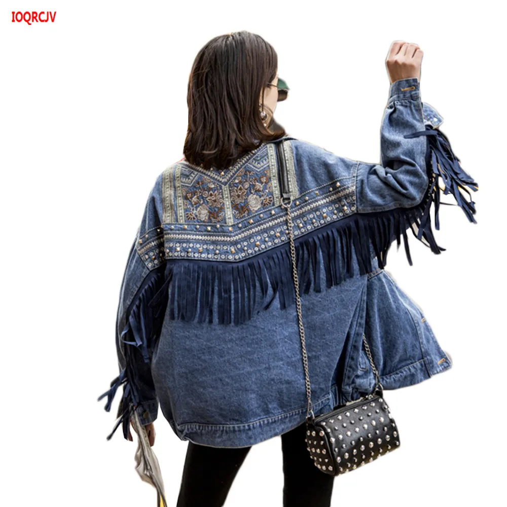 Женская джинсовая куртка с цветочной вышивкой винтажная короткая бахромой и