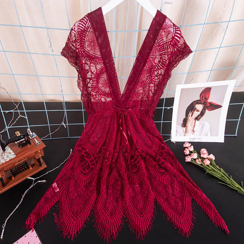 Wine red Женская пижама, пижамы женские домашняя одежда ночнушка сексуальное кружевное Ночное платье, женское нижнее белье, v-образный вырез, ночная рубашка, свободная Ночная сорочка, прозрачная ночная сорочка, Детская кукла - Цвет: Wine red