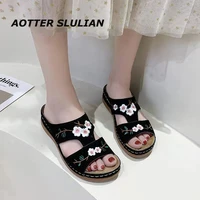 elegant ladies round toe embroidered slippers brand designer flowers wedge slipper summer female black white shoes sandals mujer