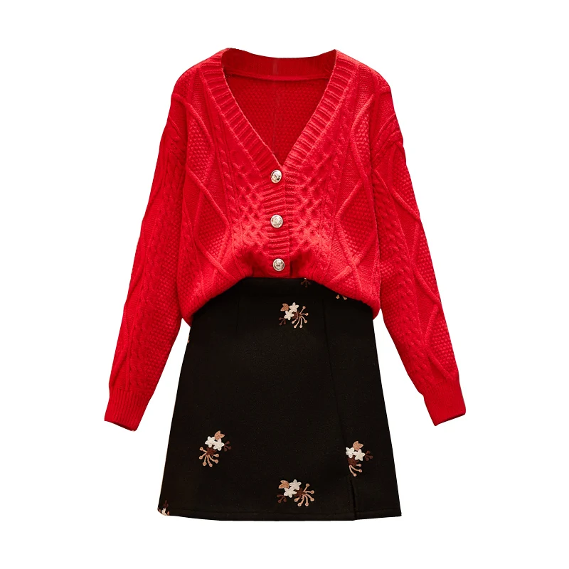 

Autumn Winter Women V Neck Cardigan Top Western Style Fashion Suit Outfit Knitting Sweater Embroidery Skirt Two-Piece Outfit