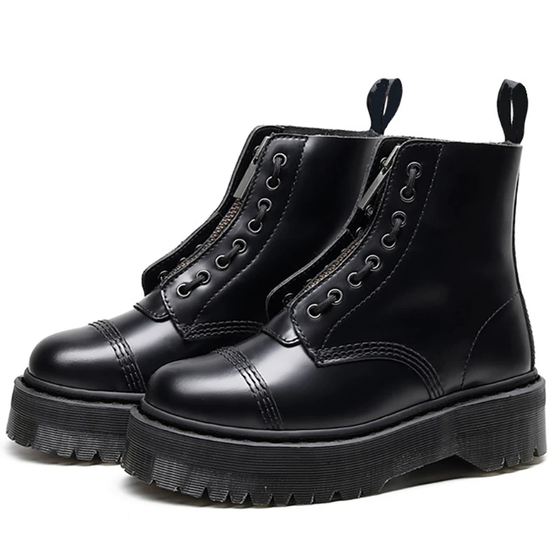 Женские мотоциклетные ботильоны на платформе кожаные ботинки молнии с круглым