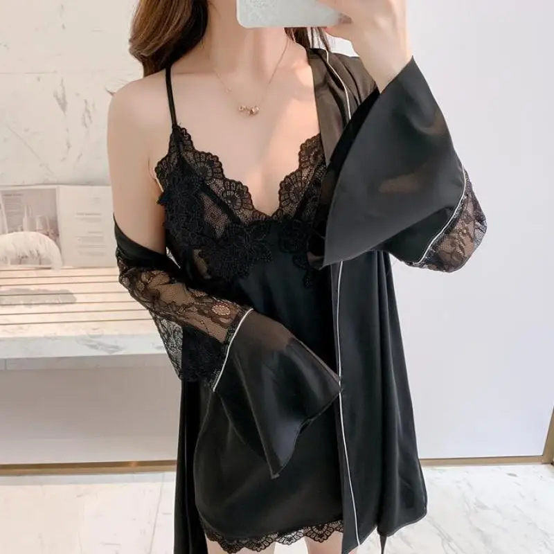 

2PCS Robe Set Perspective Nightdress Lady 2021 New Sexy Nightgown Full Slip Lace Female Kimono Bathrobe Gown Intmate Lingerie