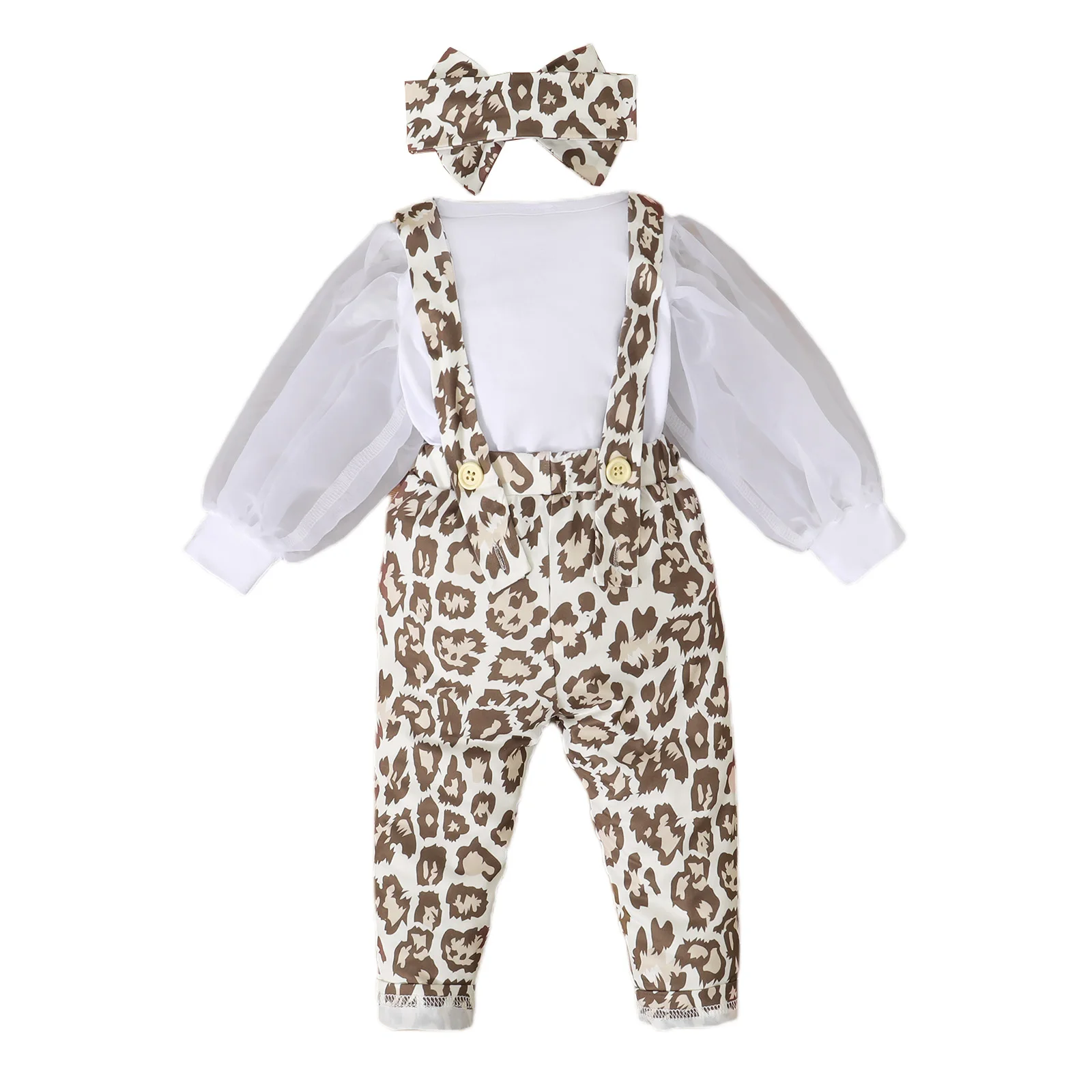 

Autumn Kids Girls Outfits Clothes Sets Long Mesh Puff Sleeve Solid Color Tops + Leopard Suspender Pants + Headband