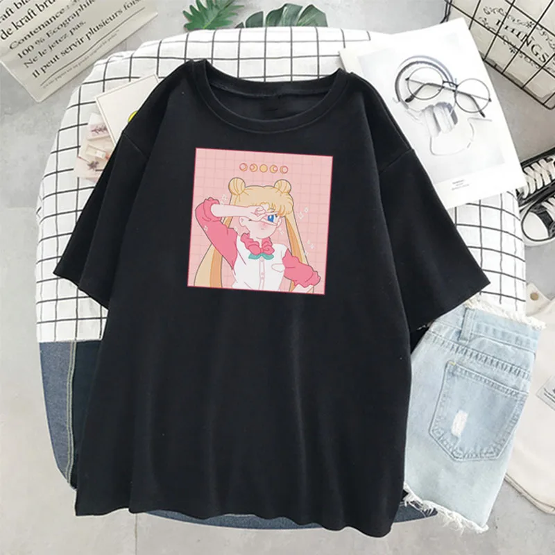 

New Cute Sailor Moon Anime Print hunter Tshirt Pink Japanese Luna Cat Harajuku Kawaii Women's T-Shirt Loose Short sleeve tops