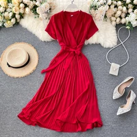 elegant france retro dress womens 2021 new solid color v neck lace up waist slimming over the knee pleated dress office lady