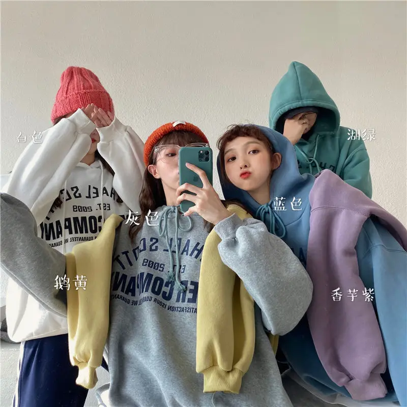 

Winter Women Korean Loose Hooded Harajuku Style New Chic Oversized Long Sleeve Letter Print Pullover Casual Warm Sweatshirt