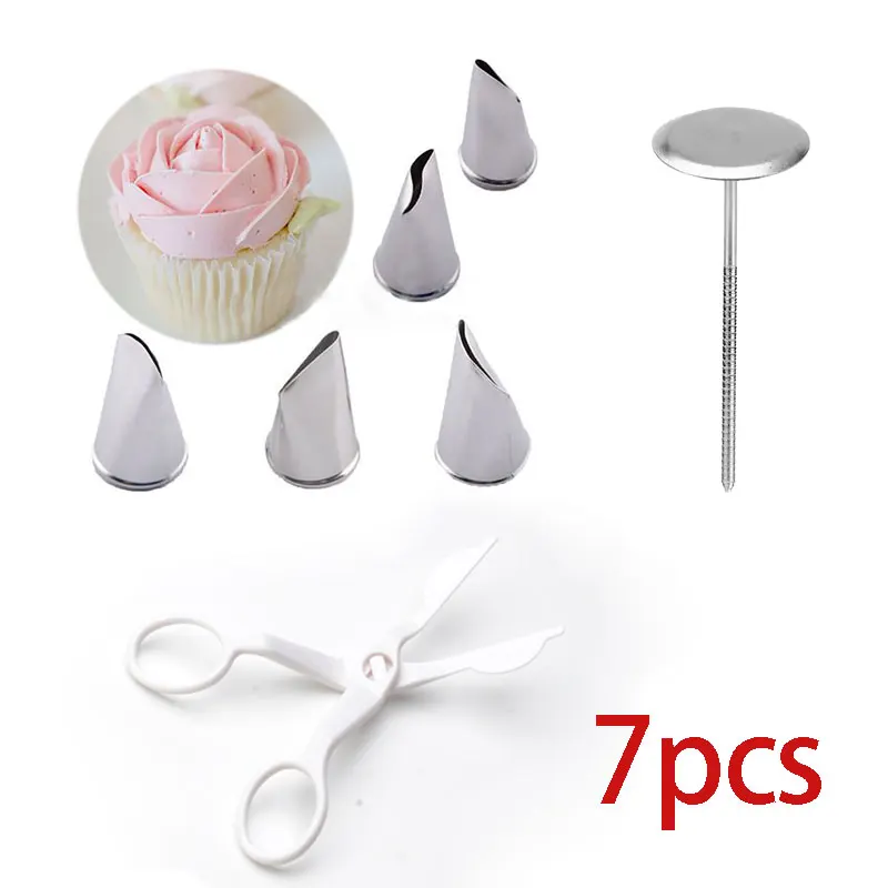 

Fondant Cake Decorating Set 5pcs Tulips Rose Nozzle+1pcs Flower Scissor+1pcs Cake Tray Cream Transfer Tools Baking Pastry Decor