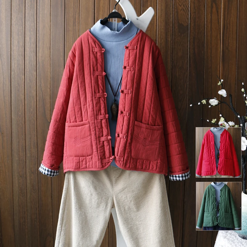 Хлопковое льняное Стеганое пальто женское однотонное китайский национальный