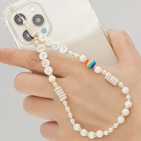 elegent white mobile phone lanyard soft pottery clay pearl letter rainbow bead cell phone strap cord rope chains boho jewelry