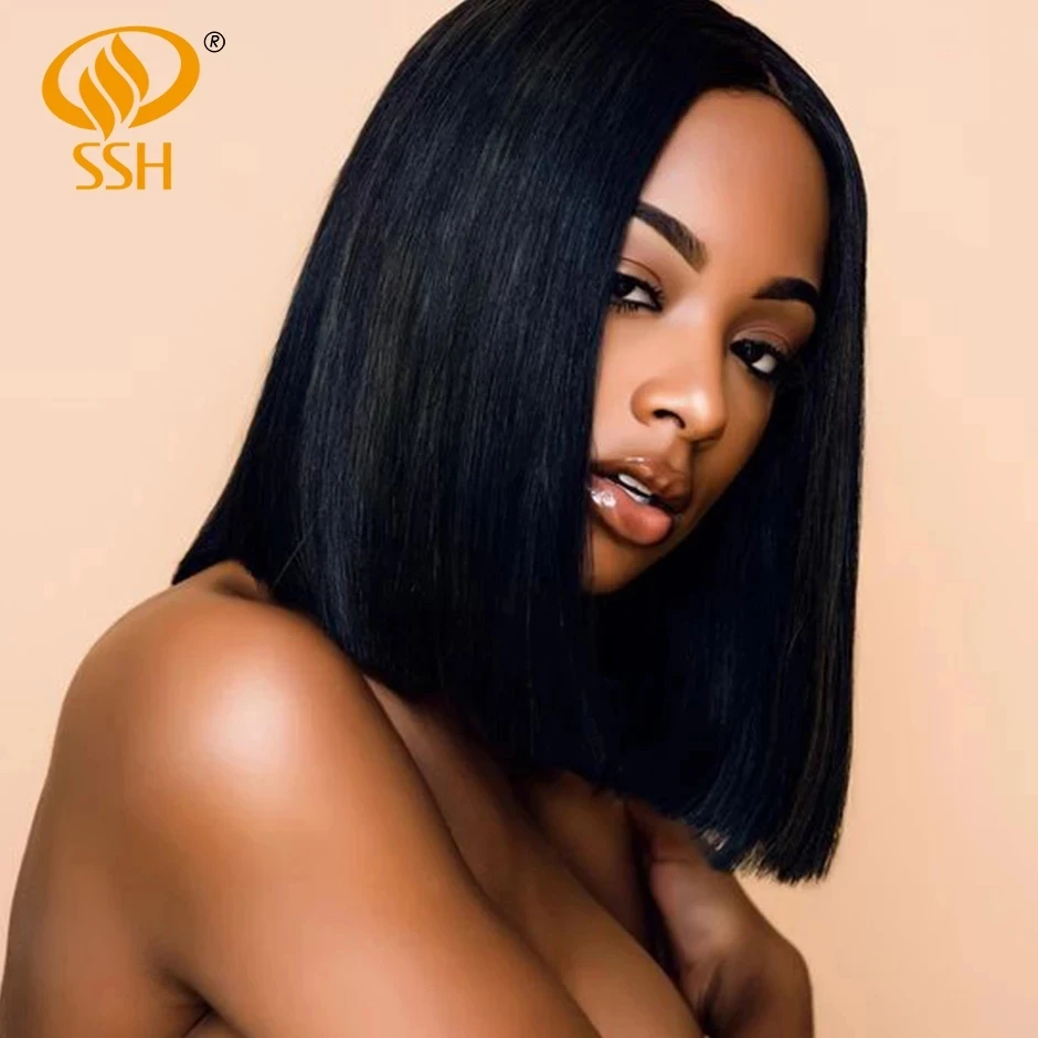 SSH Straight Short Bob Human Hair Wigs for Black Women Lace Part Brazilian Hair Wigs Remy Hair Middle Part Side For Brown Women