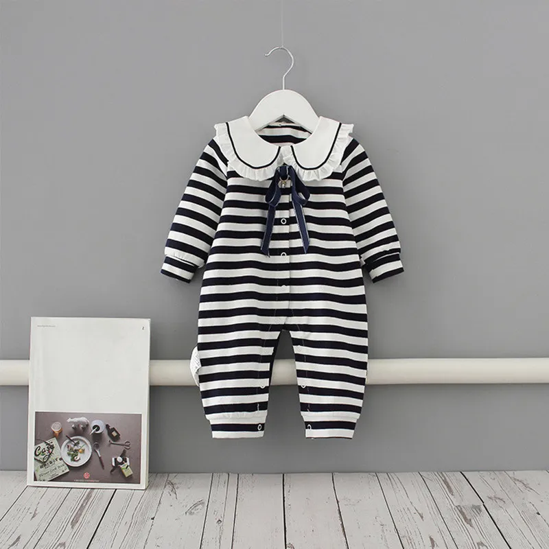 Детский полосатый комбинезон с воротником Питер Пэн и бантом|Ромперы| |