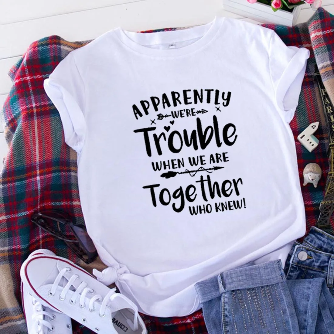 Очевидно мы Trouble футболки для женщин Летняя хлопковая блуза с коротким рукавом и