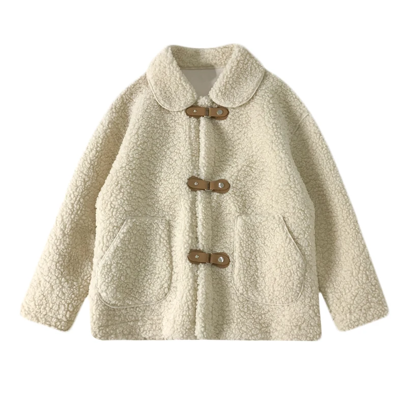 

Lamb Fur Women Coats Winter New Solid Turn-Down Collar Button Loose Casual Pocket Female Outwear Jackets Tops