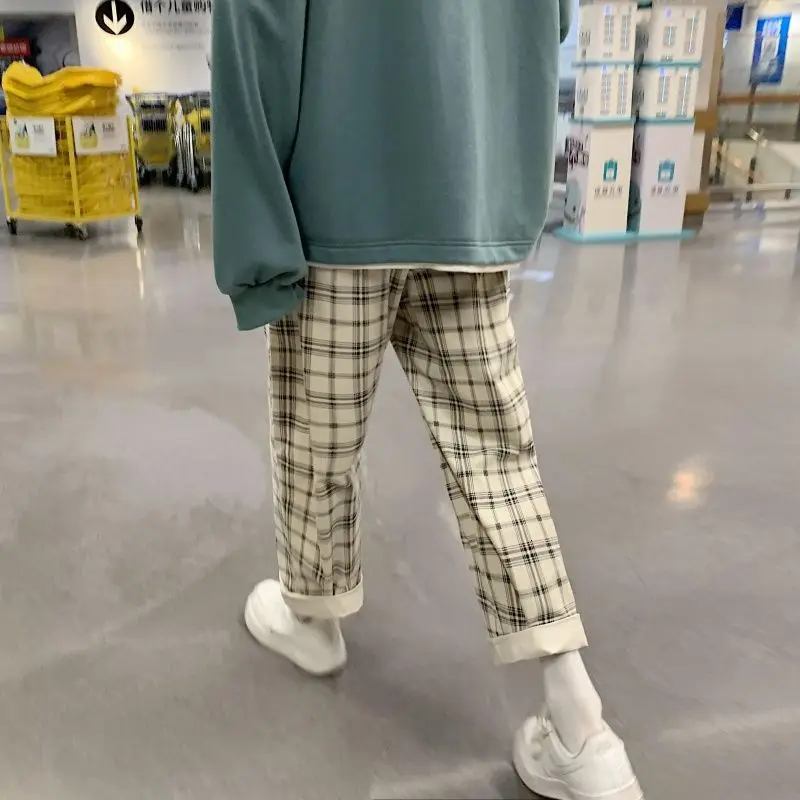 

2020 Autumn And Winter New Youth Popular Men's Color Matching Plaid Corduroy Pants Fashion Casual Elastic Waist Straight Pants