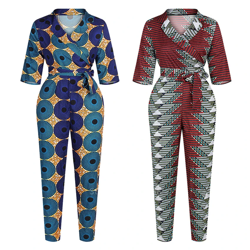 

2021 New Ladies Clothing African Dress For Women Dashiki Print Trousers Jumpsuit Shoulder Off Half Sleeve Ankara Style Vestidos