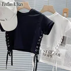 Летняя футболка для девочек, детская футболка, детский кроп-топ, Детская уличная одежда, модная однотонная укороченная Футболка с заклепками сбоку на шнуровке от 4 до 13 лет