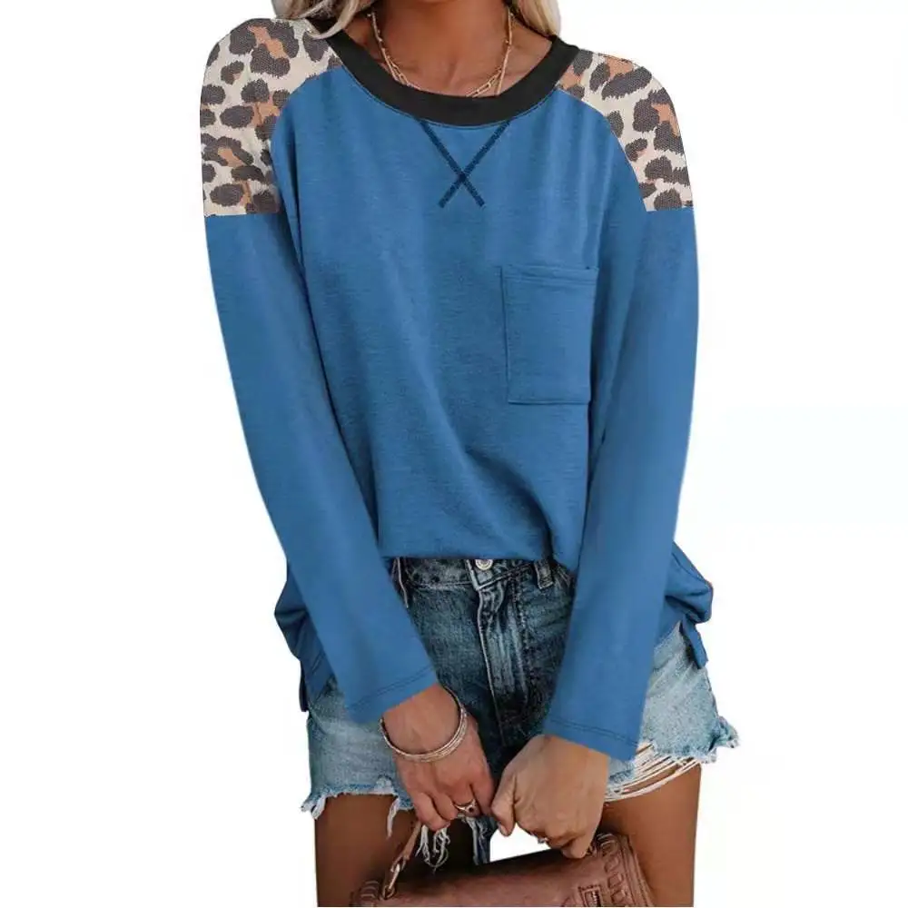 

Autumn Women Blouse 2021 Fashion O-neck Long-sleeved Leopard Print Patchwork Pocket Pullover Lady Shirt Vintage Casual Loose Top