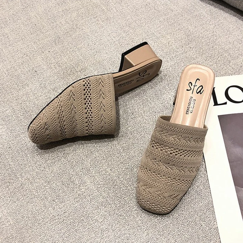 Шлепанцы женские вязаные с закрытым носком тканевые сандалии вырезами плотная