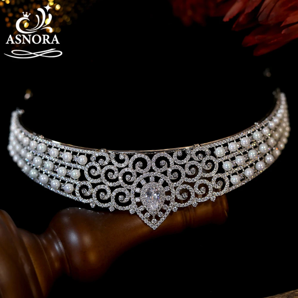 

European Pearl Crown Tiara Women Headpiece Headband Bride Wedding Hair Accessories. Luxury Cubic Zircon Queen Crown