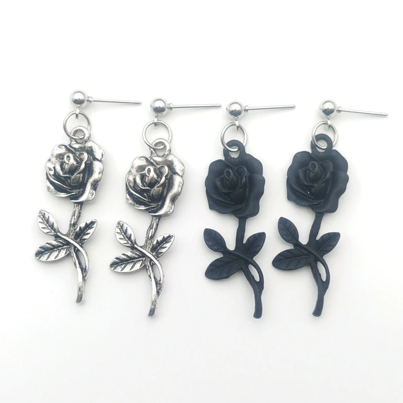 

Gothic Punk Earl Flowers Black Silver Wild Rose Dangle Earrings for Women E Boy Girl Cool Earrings 90s Aesthetic Accessorie