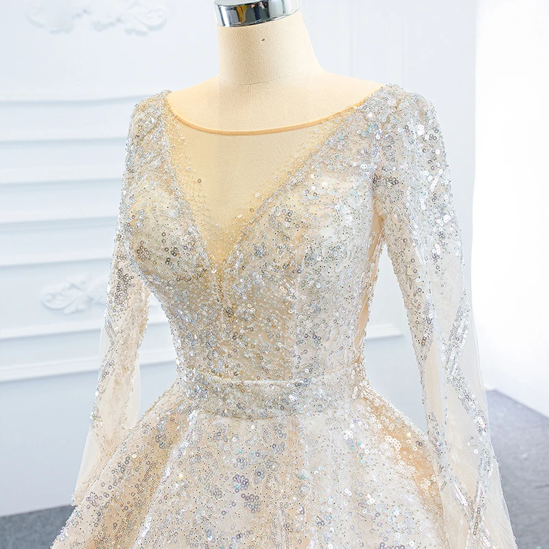 J67157 JANCEMBER Champagne Wedding Dress 2020 O Neck Long Sleeve Chest Strap Perspective Sequined vestidos de novia платья 2020
