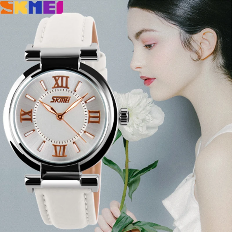 SKMEI женские часы кожаные розовые платье люксовый бренд повседневный стиль
