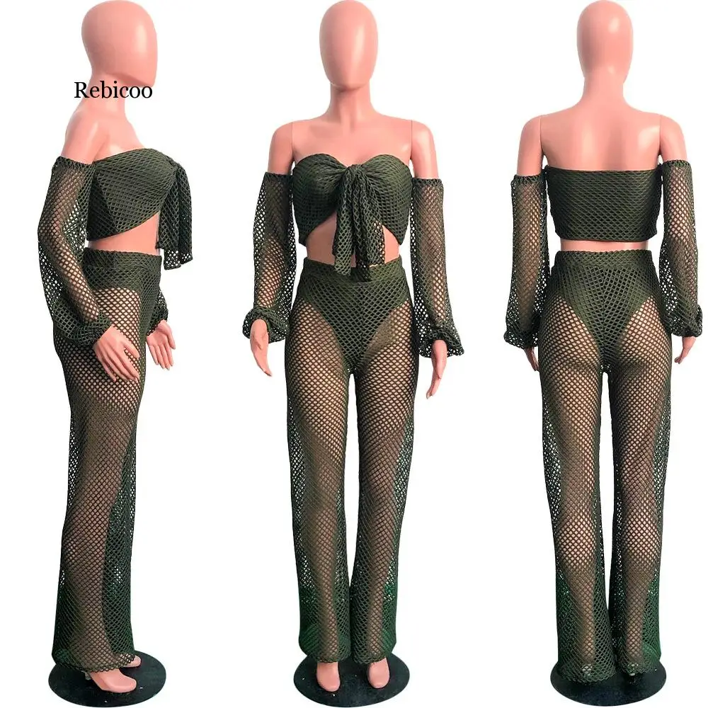 

Rebicoo New hollow out cover ups sexy women off shoulder Top+beach pants bikini swimwear swimsuit cover up beachwear 2PCS/SET