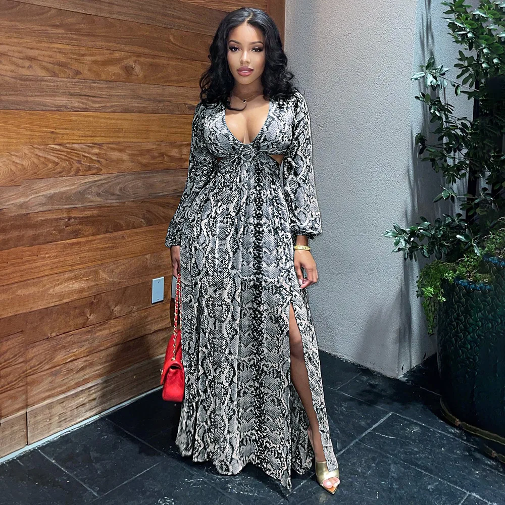 

Женское платье со змеиным принтом, платье с V-образным вырезом и длинным рукавом, Новинка осени 2021