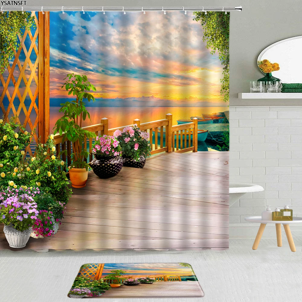 

2Pcs Natural Scenery Flowers Green Leaves Shower Curtain Sunset Wooden Bridge Waterfall Forest Bathroom Non-Slip Bath Mat Set