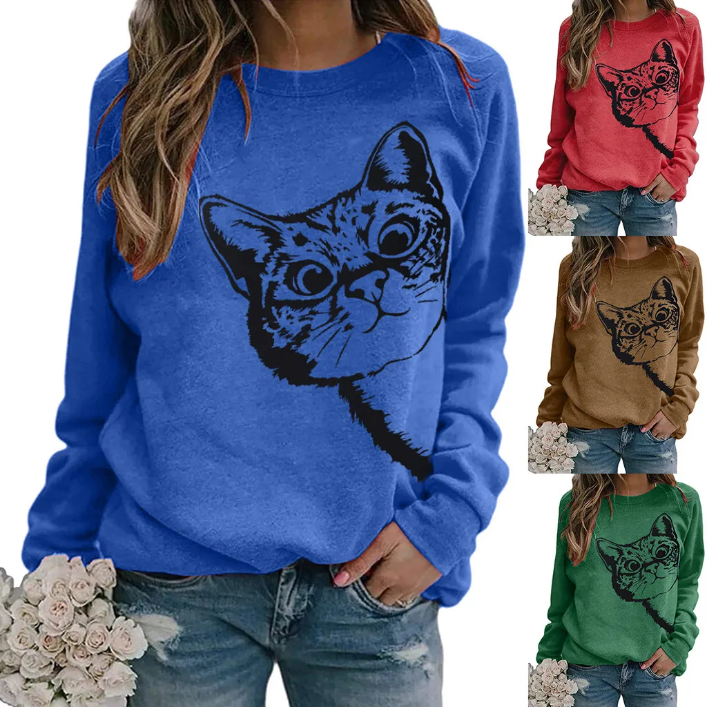 

Cute-Cat Printing Sweatshirts Women Clothing Casual Long Sleeve O-Neck Tops Spring Harajuku Plus Size Elegant Pullover Shirts#G