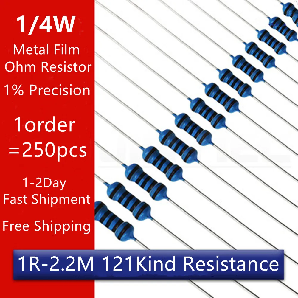 

250Pcs Metal Film Resistor 1/4W 1% Electronic Resistors Assorted Kit Set 1R~2.2M 1K 2.2K 4.7K 10K 100R 220R Full Ohm Resistance