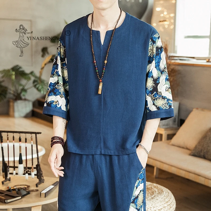 

Kimono Crane Japanese Men Short-Sleeved T-shirts Embroidered Clothes Harajuku Short Shirts Yukata Japan Haori Cardigan Costumes
