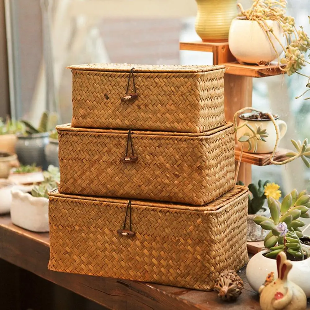 Seaweed Hand-Woven Storage Box Desktop Sundries Clothes Basket Finishing With Lid | Дом и сад