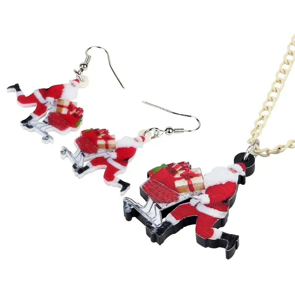 Bonsny Acrylic Christmas Shopping Cart Santa Claus Gift Box Jewelry Set Necklace Earrings For Women Girls Charms Festival Gifts | Украшения